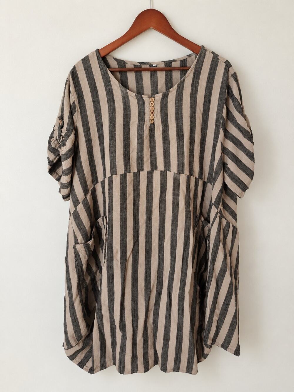 Striped Linen Blend Cocoon Dress Women's 3XL Lagenlook Pockets Oversized